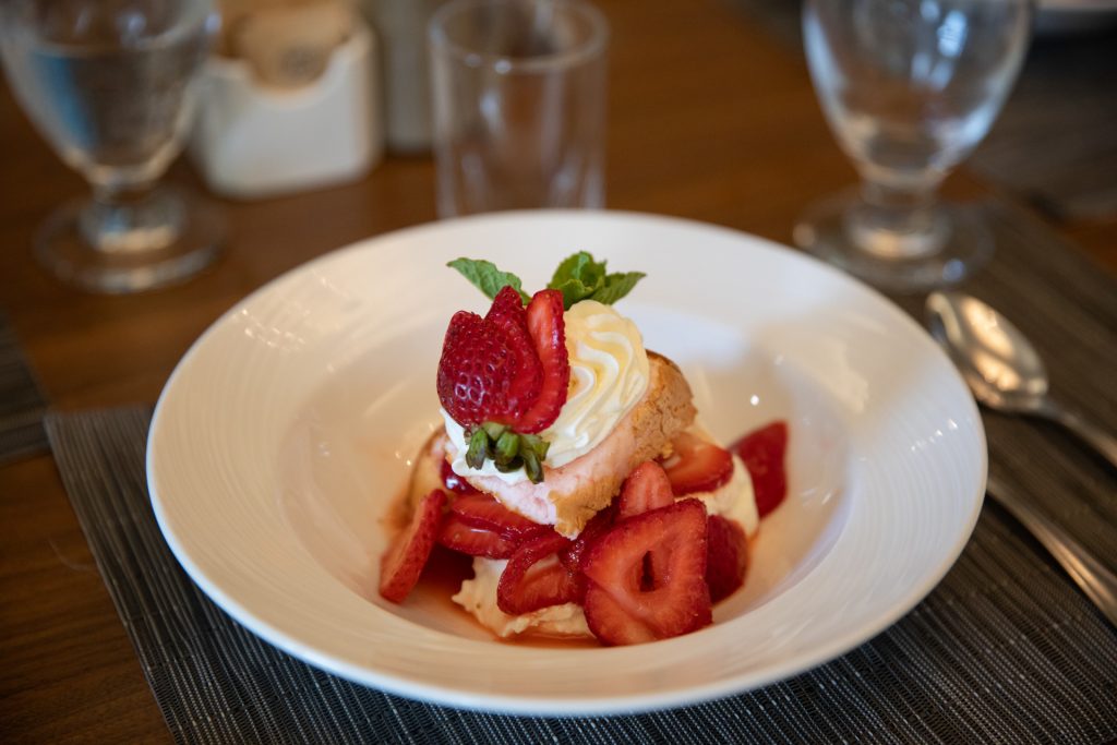 Strawberry dessert served to a resident in the Harvest House dining room, Olds Alberta