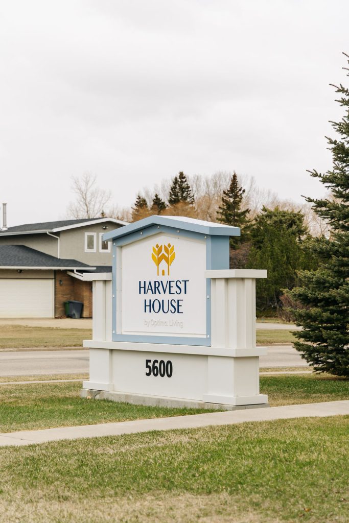 Exterior of Harvest House senior living community in Olds, Alberta