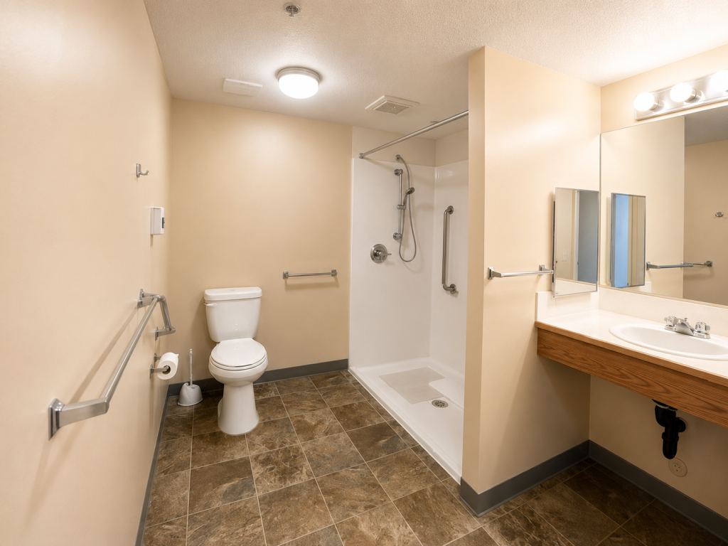 Accessible washroom with safety grab bars in a Harvest House senior living suite